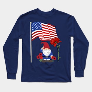 Gnome Lover, American Flag & Poppy Flowers Patriotic Long Sleeve T-Shirt